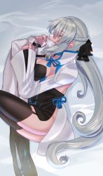 Rule 34 | 1girl, akio (akio1124), bed sheet, black bow, blush, bow, braid, breasts, chaldea uniform, closed eyes, fate/grand order, fate (series), french braid, grey hair, highres, long hair, lying, medium breasts, morgan le fay (fate), no panties, hugging object, on bed, on side, side slit, skirt, sleeping, solo, thighhighs, two-tone dress, white skirt