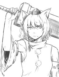 Rule 34 | &gt;:(, 1girl, animal ears, arm up, armpits, baketsuya, bare shoulders, detached sleeves, frown, greyscale, half-closed eyes, hat, high collar, holding, holding sword, holding weapon, huge weapon, inubashiri momiji, looking at viewer, monochrome, pom pom (clothes), shirt, solo, sword, tokin hat, touhou, upper body, v-shaped eyebrows, weapon, wide sleeves, wolf ears