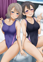 Rule 34 | 2girls, bed, black hair, blue eyes, blue one-piece swimsuit, collarbone, commentary request, competition swimsuit, cousins, feet out of frame, grey hair, highleg, highleg swimsuit, indoors, love live!, love live! sunshine!!, love live! sunshine!! the school idol movie over the rainbow, medium hair, miel (lessontome), multiple girls, one-piece swimsuit, pillow, purple eyes, purple one-piece swimsuit, saliva, saliva trail, short hair, sitting, swimsuit, thighs, watanabe tsuki, watanabe you, waving