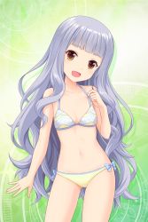 Rule 34 | 1girl, absurdres, alternative girls, bare arms, bare shoulders, bikini, breasts, cleavage, fang, green background, highres, hiiragi tsumugi, holding, holding clothes, long hair, looking at viewer, official art, open hand, open mouth, silver hair, small breasts, smile, solo, standing, swimsuit, yellow bikini, yellow eyes