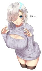 Rule 34 | 1girl, alternate costume, blue eyes, breasts, brown thighhighs, cleavage, cleavage cutout, clothing cutout, commentary request, cowboy shot, dress, eyebrows, eyes visible through hair, fingernails, grey sweater, hair between eyes, hair ornament, hair over one eye, hairclip, hamakaze (kancolle), hands up, highres, kantai collection, large breasts, legs together, long fingernails, long sleeves, looking at viewer, meme attire, onineko-chan, open-chest sweater, open mouth, ribbed sweater, short hair, silver hair, simple background, skindentation, solo, standing, sweater, sweater dress, teeth, thighhighs, turtleneck, white background