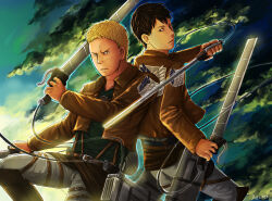 Rule 34 | 2boys, back-to-back, bertolt hoover, black hair, blonde hair, cloud, cloudy sky, feet out of frame, fighting stance, frown, gradient sky, holding, holding sword, holding weapon, jacket, leather, leather jacket, looking at viewer, male focus, multiple boys, pants, paradis military uniform, reiner braun, shingeki no kyojin, short hair, sky, smoke signal, sunlight, survey corps (emblem), sword, three-dimensional maneuver gear, weapon, white pants, xzeres (xzodust)