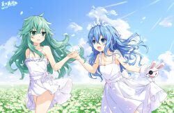 Rule 34 | 2girls, absurdres, bare shoulders, blue eyes, blue hair, blush, breasts, cleavage, cloud, cloudy sky, collarbone, date a live, dated, day, dress, eyepatch, falling petals, field, flower, flower field, green eyes, green hair, hair between eyes, hand puppet, highres, holding hands, long hair, messy hair, multiple girls, natsumi (date a live), open mouth, outdoors, petals, puppet, rabbit puppet, seventh-natsu, sky, sleeveless, sleeveless dress, small breasts, sundress, tiara, white dress, yoshino (date a live), yoshinon