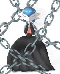 Rule 34 | 1girl, alternate color, bare shoulders, black dress, black gloves, blue hair, bob cut, chain, closed eyes, closed mouth, colored skin, creatures (company), dress, elbow gloves, facing viewer, female focus, flat chest, full body, game freak, gardevoir, gen 3 pokemon, gloves, hair between eyes, hands up, highres, long dress, mega gardevoir, mega pokemon, mimocchama, nintendo, pokemon, pokemon (creature), shiny pokemon, short hair, solo, standing, straight-on, u u, white background, white skin