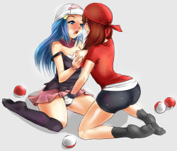 Rule 34 | 2girls, bandana, blue eyes, blue hair, blush, breast hold, breasts, brown hair, casch, creatures (company), dawn (pokemon), fingering, game freak, grabbing, grabbing another&#039;s breast, large breasts, long hair, may (pokemon), multiple girls, nintendo, nipples, no shoes, open mouth, poke ball, pokemon, simple background, socks, through panties, yuri