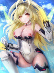 Rule 34 | 1girl, bare shoulders, blonde hair, blush, breasts, claws, collar, elbow gloves, gloves, highres, large breasts, leotard, long hair, neptune (series), nipples, orange eyes, power symbol, solo, suterisu, symbol-shaped pupils, thighhighs, yellow heart (neptunia)