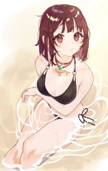 Rule 34 | 1girl, atelier (series), atelier sophie, bare arms, bare shoulders, bikini, black bikini, breasts, brown hair, commentary request, feet out of frame, from above, halterneck, highres, looking at viewer, looking up, medium breasts, o-ring, o-ring bikini, o-ring top, parted lips, partially submerged, red eyes, ryuuno6, side-tie bikini bottom, sitting, solo, sophie neuenmuller, string bikini, swimsuit