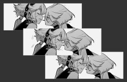 Rule 34 | 2girls, ani lu, biting, blush, clenched teeth, closed eyes, comic, ear blush, embarrassed, face-to-face, facing another, food, food in mouth, greyscale, gundam, gundam suisei no majo, half-closed eyes, highres, leaning forward, long hair, looking at another, miorine rembran, monochrome, multiple girls, nose blush, pocky, shared food, silent comic, smile, suletta mercury, teeth, trembling, wavy mouth, yuri
