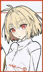 Rule 34 | 1girl, :d, ahoge, arcueid brunestud, blonde hair, border, breasts, commentary request, hair between eyes, hair intakes, jewelry, light blush, long sleeves, looking at viewer, medium hair, necklace, open mouth, red border, red eyes, sidelocks, simple background, smile, solo, sweater, tsukihime, upper body, wada arco, white background, white sweater