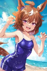 Rule 34 | 1girl, absurdres, ahoge, animal ears, beach, blue one-piece swimsuit, blue sky, breasts, brown hair, cloud, commentary request, competition school swimsuit, cowboy shot, curled fingers, day, ear ornament, hair between eyes, highres, horizon, horse ears, horse girl, horse tail, medium breasts, multicolored hair, nobunaga1207, ocean, one-piece swimsuit, outdoors, purple eyes, school swimsuit, sharp teeth, shinko windy (umamusume), short hair, sidelocks, sky, solo, streaked hair, swimsuit, tail, teeth, tracen swimsuit, umamusume, white hair