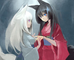 Rule 34 | 2girls, animal ears, black hair, blue eyes, fox ears, holding hands, hisato ar, japanese clothes, kimono, long hair, looking at another, multiple girls, original, red eyes, signature, standing, white hair