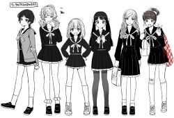 Rule 34 | 6+girls, arms behind back, bag, bookbag, bow, braid, full body, grin, hair bow, hands on own hips, high ponytail, hoshimaru daichi, long hair, looking at viewer, low twintails, monochrome, multiple girls, original, pantyhose, pleated skirt, school uniform, serafuku, simple background, skirt, smile, spot color, tareme, twintails, v, wavy hair, white background