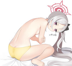 Rule 34 | 1girl, :p, apollo (hu maple), back, barefoot, bed sheet, black scrunchie, blue archive, breasts, closed mouth, commentary request, crossed arms, from behind, grey hair, hair ornament, hair scrunchie, halo, heart, highres, leaning forward, licking lips, long hair, looking at viewer, looking back, mutsuki (blue archive), nipples, on bed, panties, partial commentary, purple eyes, scrunchie, side ponytail, sideboob, sitting, small breasts, smile, solo, tongue, tongue out, topless, translated, underwear, underwear only, very long hair, white background, yellow panties