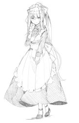 Rule 34 | 1girl, alternate costume, apron, az 37331m, back bow, bow, doki doki literature club, dress, enmaided, frilled apron, frills, full body, greyscale, hair bow, hair intakes, hand on own chest, high heels, highres, long hair, maid, maid apron, monika (doki doki literature club), monochrome, ponytail, sketch, smile, solo, traditional media, very long hair, waist apron
