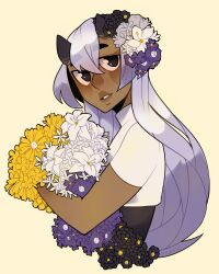 Rule 34 | 1girl, black eyes, bouquet, commentary, dark-skinned female, dark skin, demon girl, demon horns, english commentary, flower, from side, gradient hair, hair flower, hair ornament, holding, holding bouquet, horns, kiwifie, long hair, looking at viewer, multicolored hair, original, parted lips, purple hair, shirt, simple background, solo, upper body, white shirt, yellow background