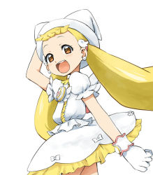 Rule 34 | 1girl, blonde hair, brown eyes, character request, dress, earrings, gloves, hat, jewelry, kagiana, long hair, open mouth, simple background, skirt, smile, solo, twintails, white background, white hat