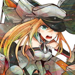 Rule 34 | 10s, 1girl, aqua eyes, bad id, bad nicoseiga id, bare shoulders, bismarck (kancolle), blonde hair, hat, itomugi-kun, kantai collection, long hair, military, military hat, military uniform, open mouth, personification, solo, uniform