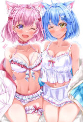 2girls absurdres ahoge animal_ear_fluff animal_ears armpit_crease ayakase_hotaru blue_hair blush bow bow_camisole breasts camisole cleavage closed_mouth collarbone commentary_request crossed_bangs hair_between_eyes hair_ornament hairpin hakui_koyori hakui_koyori_(summer) highres hololive looking_at_viewer multicolored_choker multiple_girls navel official_alternate_costume one_eye_closed open_mouth panties pink_bow pink_hair purple_eyes short_hair striped_clothes striped_panties underwear virtual_youtuber white_background wolf_ears wolf_girl yellow_eyes yukihana_lamy yukihana_lamy_(loungewear)