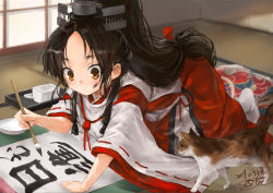 Rule 34 | 1girl, black hair, blush, brown eyes, calligraphy, calligraphy brush, cat, character name, closed mouth, commentary request, hair ornament, hair ribbon, hair tie, hakama, hakama skirt, headgear, high ponytail, japanese clothes, kantai collection, kneehighs, long hair, long sleeves, miko, multi-tied hair, nisshin (kancolle), okobo, paintbrush, red hakama, red ribbon, ribbon, ribbon-trimmed sleeves, ribbon trim, sandals, short eyebrows, skirt, socks, solo, tabi, thick eyebrows, toka (marchlizard), translation request, very long hair, white socks