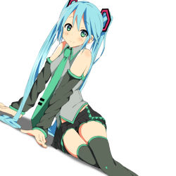 Rule 34 | 1girl, aqua eyes, aqua hair, bad id, bad pixiv id, detached sleeves, dutch angle, hatsune miku, kaiman, long hair, looking at viewer, lying, necktie, on side, parody, sitting, skirt, smile, solo, style parody, twintails, very long hair, vocaloid
