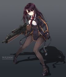 Rule 34 | 1girl, bad id, bad pixiv id, black gloves, boots, breasts, brown pantyhose, character name, cropped jacket, full body, girls&#039; frontline, gloves, gradient background, gun, long hair, medium breasts, necktie, one side up, pantyhose, purple eyes, purple hair, rifle, sidelocks, simple background, sniper rifle, solo, tama (tamatamo), thighband pantyhose, trigger discipline, very long hair, wa2000 (girls&#039; frontline), weapon