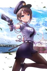 Rule 34 | 1girl, absurdres, aiming, aiming at viewer, alternate costume, aqua eyes, black footwear, black necktie, black pantyhose, blue eyes, blue hat, blue shirt, blue skirt, blush, breasts, brown hair, collared shirt, cuffs, gloves, grin, gun, handcuffs, handgun, hat, highres, hololive, impossible clothes, impossible shirt, knee up, loafers, looking at viewer, medium breasts, necktie, oozora subaru, pantyhose, pencil skirt, police, police hat, police uniform, policewoman, shirt, shoes, short hair, short sleeves, skirt, smile, solo, uniform, virtual youtuber, wajuniorbox, weapon, white gloves