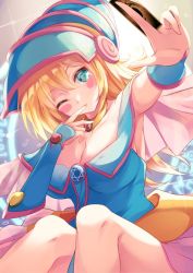 Rule 34 | 1girl, armpits, bare shoulders, blonde hair, blush stickers, breasts, capelet, card, choker, cleavage, collarbone, dark magician girl, duel monster, finger in own mouth, foreshortening, green eyes, hat, holding, holding card, igayan, knees up, large breasts, long hair, looking at viewer, magic circle, one eye closed, pentacle, sideboob, solo, vambraces, wizard hat, yu-gi-oh!