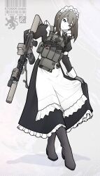 Rule 34 | 1girl, absurdres, apron, ar-15, black dress, black footwear, blue eyes, boots, brown hair, bulletproof vest, dress, eotech, full body, gloves, grey gloves, gun, highres, holding, holding gun, holding weapon, looking at viewer, magazine (weapon), maid, maid headdress, medium hair, null-3, original, rifle, scope, skirt hold, smile, solo, suppressor, weapon, white apron