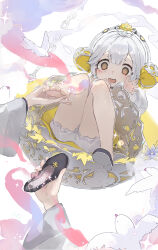 Rule 34 | 1girl, absurdres, barefoot, bird, dove, feet, highres, light blush, long hair, looking at viewer, open mouth, shoes, smell, soles, toes, unworn shoes, white hair, yellow eyes