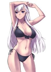 Rule 34 | 1girl, alternate costume, armpits, arms up, azur lane, belfast (azur lane), bikini, black bikini, blue eyes, blush, bow, bow bikini, braid, breasts, cleavage, closed mouth, collarbone, cowboy shot, din (raiden), french braid, gluteal fold, groin, large breasts, long hair, looking at viewer, navel, side-tie bikini bottom, silver hair, simple background, smile, solo, stomach, swimsuit, thighs, toned, white background