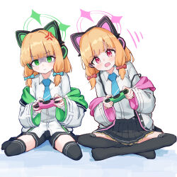Rule 34 | 2girls, anger vein, animal ear headphones, animal ears, black necktie, black shorts, black skirt, black thighhighs, blue archive, blunt bangs, cat ear headphones, coat, collared shirt, commentary, controller, english commentary, fake animal ears, full body, game controller, green eyes, hair ribbon, headphones, highres, holding, holding controller, holding game controller, indian style, leaning to the side, long sleeves, looking at viewer, midori (blue archive), momoi (blue archive), multiple girls, necktie, nitoron, open clothes, open coat, orange hair, pleated skirt, red eyes, ribbon, school uniform, shaded face, shirt, short hair, short shorts, shorts, siblings, sidelocks, signature, sisters, sitting, skirt, suspender skirt, suspenders, thighhighs, tress ribbon, twins, wariza, white background, white coat, white shirt, zettai ryouiki