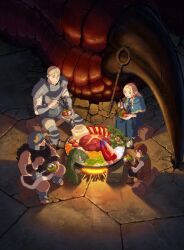 Rule 34 | 1girl, 3boys, absurdres, beard, black hair, blonde hair, bowl, brown hair, carrot, chilchuck tims, chopsticks, cooking pot, dragon claw, dungeon meshi, dwarf, elf, facial hair, fake horns, falin touden, fire, food, helmet, highres, hobbit, holding, holding bowl, holding chopsticks, horned helmet, horns, key visual, laios touden, lobster claw, long beard, mandrake, marcille donato, meat, multiple boys, mushroom, official art, pointy ears, promotional art, staff, trigger (company), vegetable