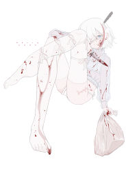 Rule 34 | 1girl, bag, blood, blood on clothes, blood on face, blood on hands, blood on leg, blood stain, bloody knife, bloody weapon, blue eyes, bra, commentary, cropped shirt, crossed legs, dagger, dated commentary, english text, artistic error, eyepatch, frilled bra, frilled panties, frilled shirt, frills, full body, highres, holding, holding bag, holding dagger, holding knife, holding weapon, knife, knife in head, leg ribbon, long sleeves, looking at viewer, medical eyepatch, merry christmas, multicolored hair, object through head, one eye covered, original, outo eguchi, panties, plastic bag, ribbon, scar, scar on leg, see-through, see-through shirt, shirt, short hair, side-tie panties, simple background, sitting, solo, streaked hair, thighhighs, underwear, weapon, white background, white bra, white hair, white panties, white ribbon, white thighhighs