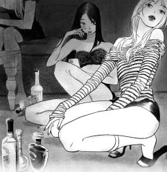 Rule 34 | 3girls, absurdres, alcohol, bare shoulders, between fingers, between legs, bottle, cellphone, cigarette, closed mouth, couch, dress, greyscale, hair over one eye, hand between legs, hand on own face, hand up, head tilt, high heels, highres, holding, holding cigarette, knee up, lipstick, long hair, looking at viewer, makeup, midriff, monochrome, multiple girls, nail polish, oddxegg0, off-shoulder shirt, off shoulder, on floor, original, out of frame, parted lips, pencil skirt, phone, shirt, short dress, sitting, skirt, sleeves past wrists, socks, squatting, stiletto heels, strapless, striped clothes, striped shirt, swept bangs, table