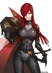 Rule 34 | armor, unworn armor, black bodysuit, bodysuit, boobplate, breastplate, breasts, cape, fate/grand order, fate (series), hair over one eye, highres, large breasts, looking at viewer, oda nobunaga (fate), oda nobunaga (maou avenger) (fate), oda uri, popped collar, red cape, red eyes, red hair, unsfrau