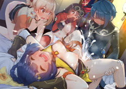 Rule 34 | 1boy, 3girls, all fours, amber (genshin impact), bandaid, bandaid on knee, bandaid on leg, bed sheet, bedroom, black gloves, blonde hair, blue hair, blush, braid, breasts, breasts out, brown hair, china dress, chinese clothes, choker, clenched teeth, closed eyes, clothed sex, covering own mouth, cum, cum in pussy, cum overflow, dress, ejaculation, fingerless gloves, frilled sleeves, frills, genshin impact, gloves, goggles, group sex, guoba (genshin impact), hair ornament, hairband, hairclip, hetero, highres, indoors, jacket, japanese clothes, kimono, london delly &amp; burry, long sleeves, lying, multiple girls, nipples, on back, on bed, open mouth, panties, pink panties, sarashi, sex, sheet grab, short hair, small breasts, spread legs, striped clothes, striped panties, sweat, tattoo, teeth, thighhighs, twin braids, underwear, vaginal, watching, window, xiangling (genshin impact), xingqiu (genshin impact), yellow panties, yoimiya (genshin impact)