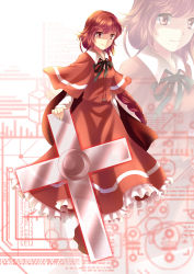 Rule 34 | 1girl, bad id, bad pixiv id, blueprint (object), braid, cape, cross, hand rest, light smile, long hair, long sleeves, looking at viewer, okazaki yumemi, red eyes, red hair, ribbon, schematic, sheeg, single braid, skirt, skirt set, solo, touhou, touhou (pc-98), very long hair, zoom layer