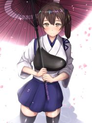 Rule 34 | 1girl, black thighhighs, blush, brown eyes, brown hair, commentary request, eyebrows, kaga (kancolle), kantai collection, oil-paper umbrella, parasol, ponytail, shiny clothes, shiny skin, short hair, side ponytail, skirt, smile, solo, thighhighs, umbrella, untue