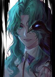 Rule 34 | 1girl, absurdres, animal, bird, bird on hand, blue eyes, character request, crow, glowing, glowing eyes, green eyes, green hair, grey hair, grin, hair over one eye, hand up, highres, lccdi, lipstick, long hair, looking at viewer, makeup, one eye covered, path to nowhere, portrait, scar, scar across eye, scar on face, shirt, simple background, smile, white background, white shirt