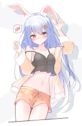 Rule 34 | 1girl, absurdres, alternate costume, animal ear fluff, animal ears, arms up, bare shoulders, black shirt, blue hair, blush, breasts, closed mouth, commentary, cropped legs, cropped shirt, highres, hololive, jacket, long hair, long sleeves, looking ahead, midriff, nishiki yuno, off shoulder, open clothes, open jacket, rabbit ears, shirt, short eyebrows, shorts, sleepwear, small breasts, solo, spoken blush, strap slip, thick eyebrows, usada pekora, virtual youtuber, white hair, yellow shorts