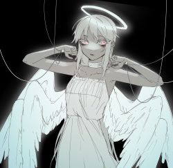 Rule 34 | 1girl, angel, bad id, bad twitter id, bags under eyes, black background, choker, commentary, dot nose, dress, english commentary, halo, hands up, highres, intravenous drip, multiple wings, open mouth, original, pale color, seraph, solo, spot color, tsu (lovesick1964), two (tsu (lovesick1964)), wings
