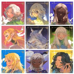 Rule 34 | 4girls, 5girls, absurdres, alternate species, angry, beard, black eyes, black hair, blonde hair, blue eyes, blush, braid, choker, cithis, crying, dark-skinned female, dark-skinned male, dark elf, dark skin, dungeon meshi, elf, facial hair, facial mark, finger to mouth, forehead mark, frown, green eyes, grey eyes, grey hair, grid, highres, lazy eye, long hair, looking at viewer, looking to the side, low-tied sidelocks, lycion, marcille donato, milsiril (dungeon meshi), mithrun, multiple girls, mustache, notched ear, one eye closed, open mouth, parted lips, pattadol, pointy ears, portrait, profile, purple eyes, sainn, senshi (dungeon meshi), senshi (elf) (dungeon meshi), short bangs, short hair, sidelocks, smile, species connection, straight-on, tears, thistle (dungeon meshi), uneven eyes, wavy hair, werewolf, white hair, wolf, yellow eyes