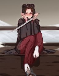 Rule 34 | 1girl, absurdres, between toes, brown hair, commentary request, emma the gentle blade, gourd, grey eyes, highres, holding, holding sword, holding weapon, holding with feet, japanese clothes, katana, looking at viewer, sekiro: shadows die twice, short hair, sitting, solo, sweatdrop, sword, tabi, weapon, wenzheng147