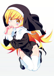 Rule 34 | 1girl, :o, alternate costume, black dress, black footwear, blonde hair, blush stickers, coif, commentary request, cross, cross necklace, dress, fingernails, hair between eyes, highres, interlocked fingers, jewelry, long hair, looking at viewer, monogatari (series), necklace, nun, oshino shinobu, own hands together, parted lips, side slit, simple background, solo, tanabe kyou, thighhighs, very long hair, white background, white thighhighs, yellow eyes