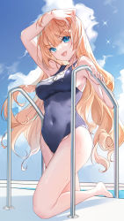 Rule 34 | 1girl, :d, arm up, bare arms, bare shoulders, barfleur (warship girls r), bison cangshu, blonde hair, blue eyes, blue one-piece swimsuit, breasts, covered navel, day, highres, large breasts, long hair, looking at viewer, name tag, one-piece swimsuit, open mouth, outdoors, pool ladder, smile, solo, swimsuit, thighs, v-shaped eyebrows, very long hair, warship girls r