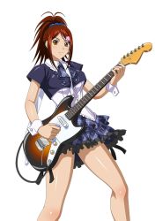 Rule 34 | 00s, 1girl, bachou mouki, brown eyes, brown hair, guitar, hair ornament, hair scrunchie, high ponytail, holding, ikkitousen, instrument, long hair, looking at viewer, scrunchie, shiny skin, simple background, smile, solo, white background