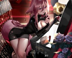 Rule 34 | 1girl, absurdres, animal ears, artist name, black dress, blurry, blurry foreground, blush, breasts, bright pupils, cleavage, cleavage cutout, clothing cutout, cosmetics, dress, earrings, flower, fox, fox ears, fox tail, genshin impact, hair between eyes, hair ornament, highres, holding, holding lipstick tube, jewelry, large breasts, legs, lipstick tube, long hair, long sleeves, pink hair, purple eyes, ringeko-chan, sitting, smile, solo, tail, thighs, turtleneck, turtleneck dress, very long hair, yae miko