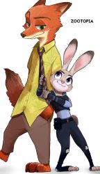 Rule 34 | animal ears, bright night, rabbit, rabbit ears, rabbit tail, disney, fox, fox ears, fox tail, furry, highres, judy hopps, looking at another, nick wilde, police, police uniform, simple background, size difference, standing, tail, uniform, white background, zootopia