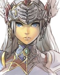Rule 34 | 1girl, armor, blue armor, blue eyes, commentary request, grey hair, helmet, hungry clicker, lenneth valkyrie, lips, long hair, looking at viewer, parted lips, pauldrons, portrait, shoulder armor, simple background, solo, upper body, valkyrie profile (series), visor (armor), white background, winged helmet