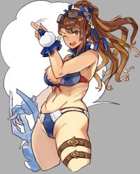 Rule 34 | 10s, 1girl, bare shoulders, beatrix (granblue fantasy), belt, bikini, breasts, brown eyes, brown hair, cleavage, detached collar, eyewear on head, granblue fantasy, groin, hair ribbon, highres, large breasts, long hair, looking at viewer, multi-strapped bikini bottom, navel, one eye closed, open mouth, ponytail, ribbon, shoohee, smile, solo, standing, star (symbol), swimsuit, sword, thigh strap, weapon